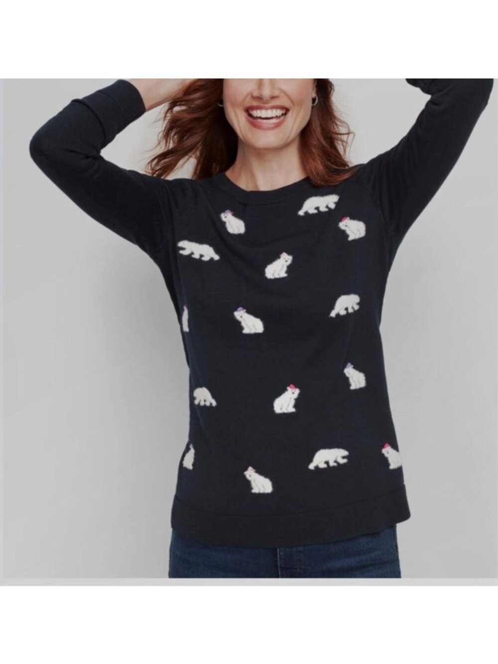 Talbots Sweater Women XL Petite Navy Blue Polar Bear Winter Holiday Pullover Top